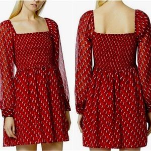 Avec Les Filles Juliet Smocked Toucan Bird Long Sleeve Mini Dress Red Size XL